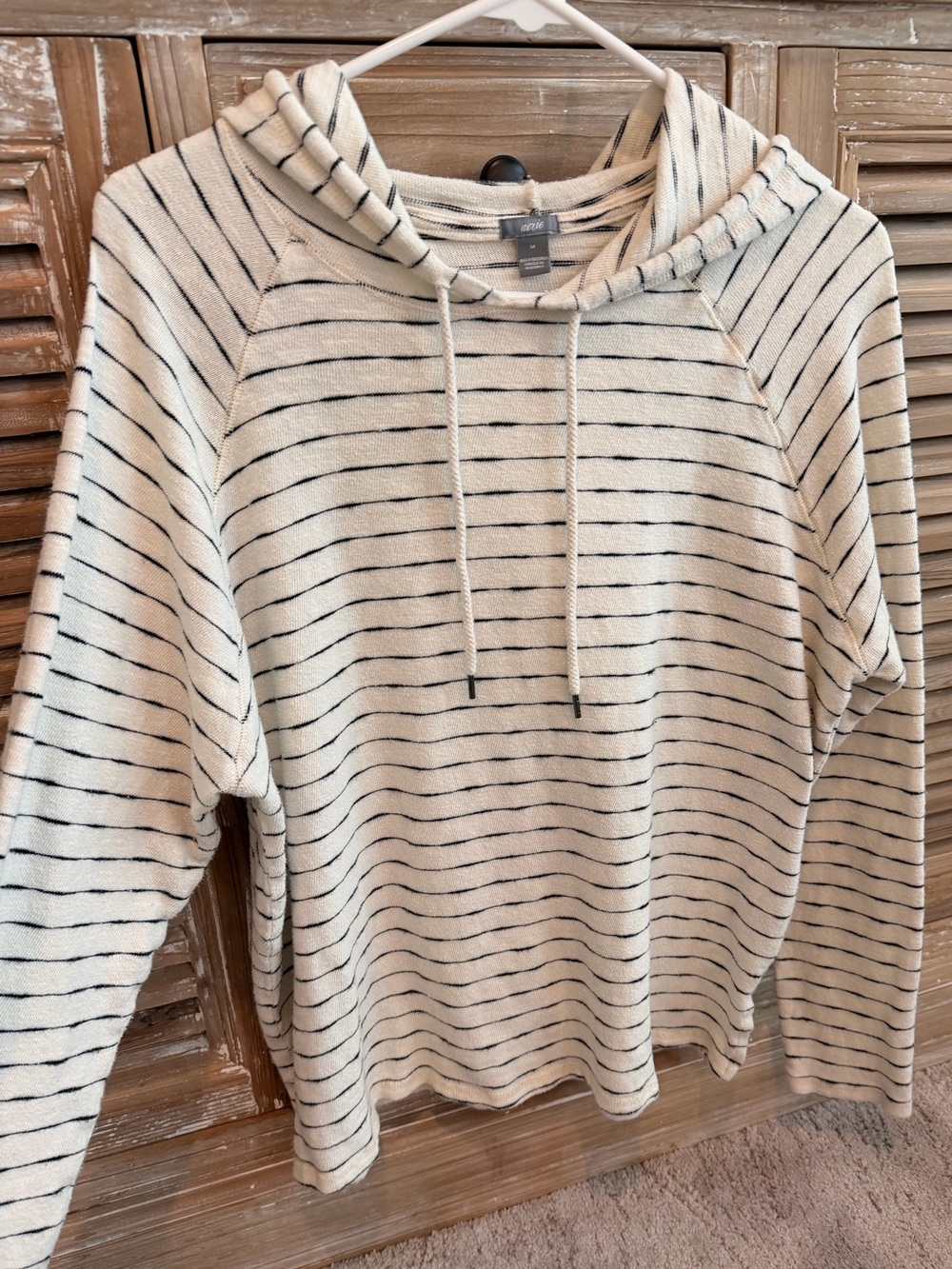Aerie Cream & Black Striped Hoodie Cotton Beach Pullover (Size Medium)